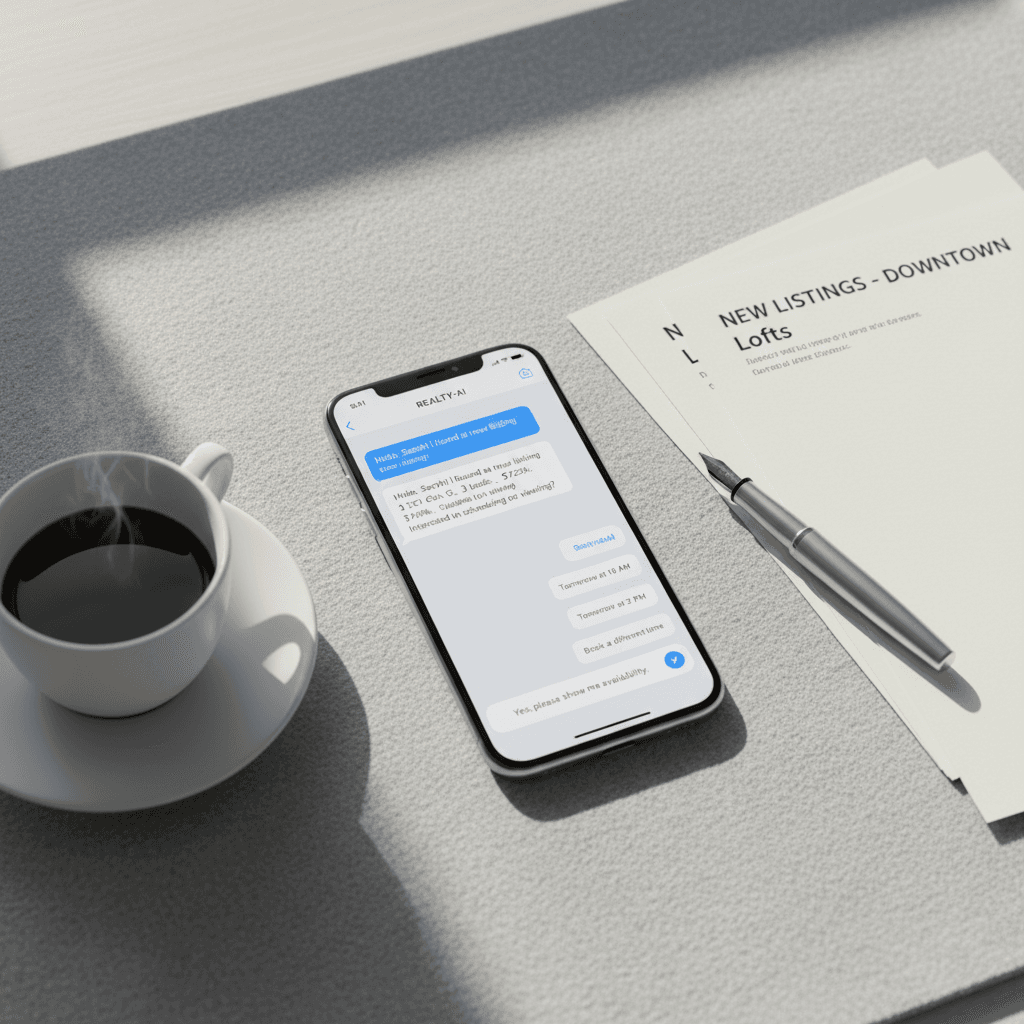 Overhead view of real estate agent workspace with smartphone showing chatbot interface alongside property documents
