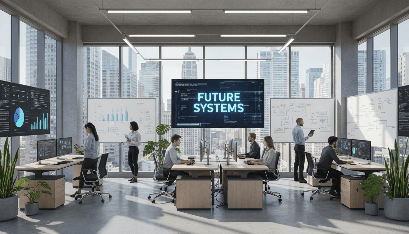 Development team working on autonomous AI infrastructure in modern office setting